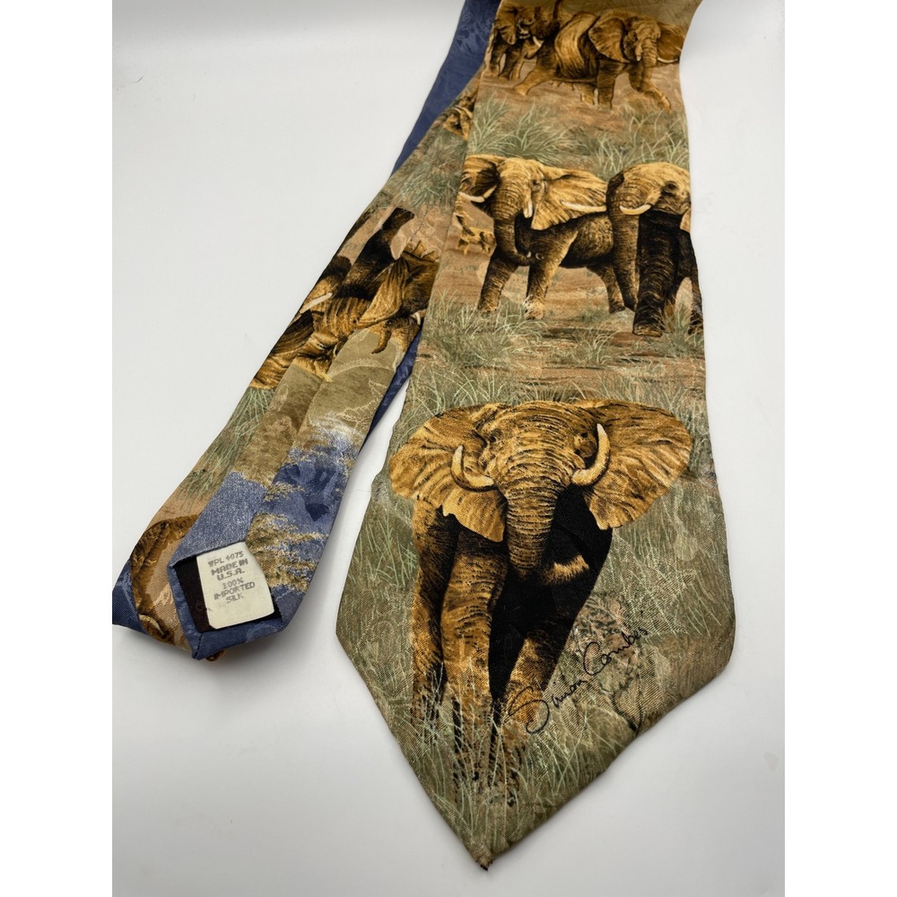 Vintage 1995 Endangered Species Simon Combes Elephant Charge Silk Tie Wildlife